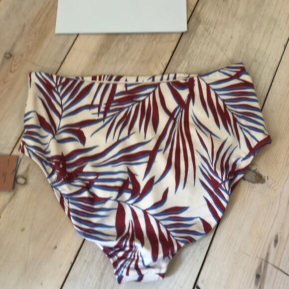 Shade & Shore NWT Women's Shirred High Waist Bikini Bottom Palm Blue Burgundy L - Picture 8 of 9